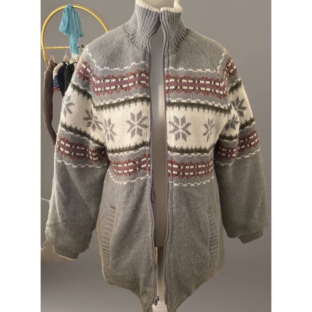 Vtg Nordic sweater Jacket Reversible lined Pockets Fair Isle Gray warm women's M